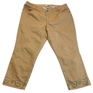 Coldwater Creek Womens Embroidered Pants 16 Natural Fit Tan Cropped Casual Y2K
